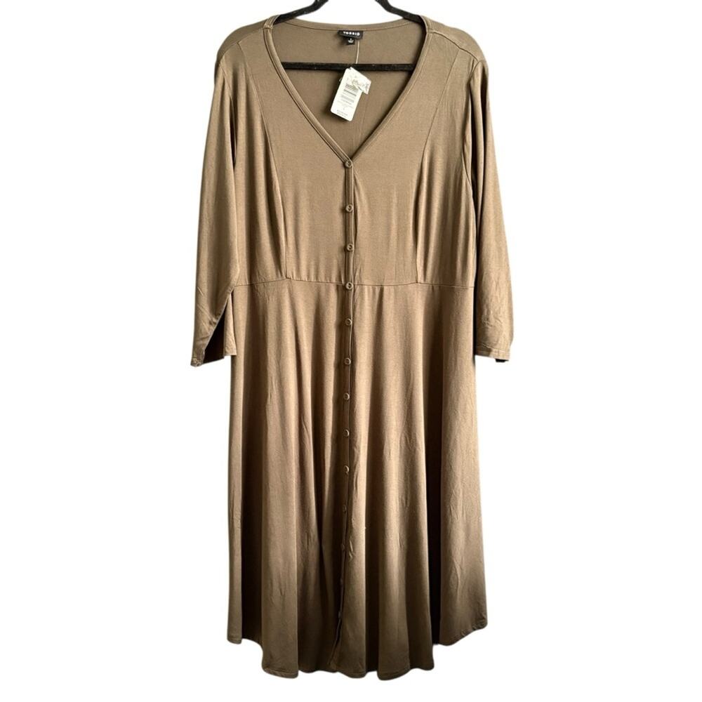 Torrid Olive A-Line Dress V-Neck 3/4 Sleeve - Picture 2 of 7